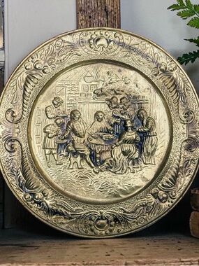Vintage Peerage Repousse Brass Wall Plate - Tavern Scene